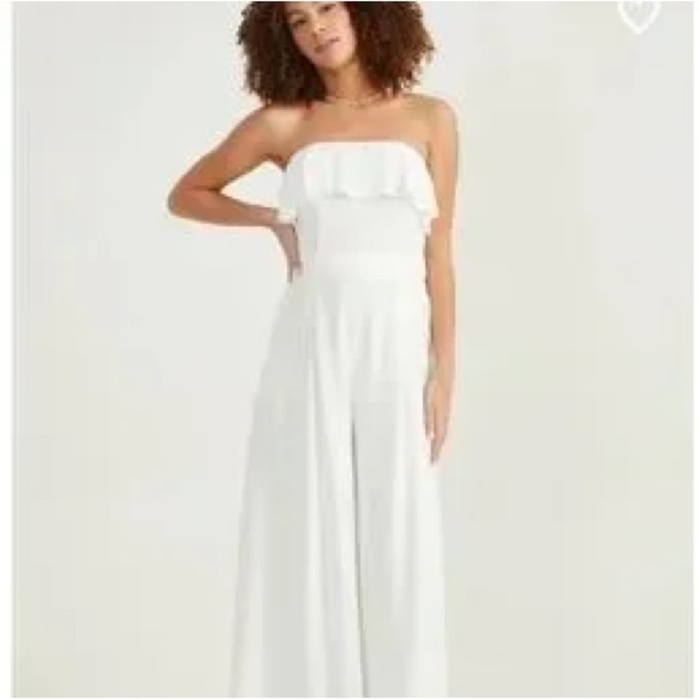 Altar'd State White Strapless Jumpsuit with Ruffle Detail